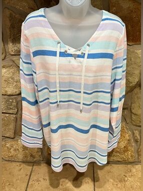 Chico’s Fresh Airy Coastal Beachy Blouse Womens XL Striped V-Neck Lace Up Tie
